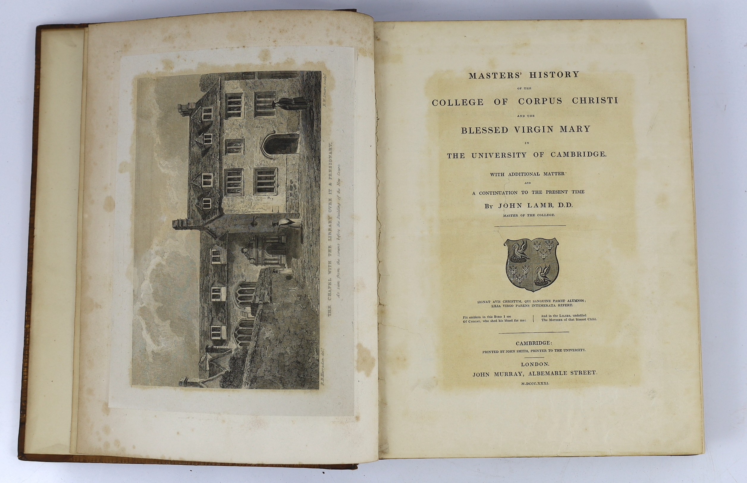 CAMBS: Lamb, John - Masters' History of the College of Corpus Christi; and the Blessed Virgin Mary in the University of Cambridge. With additional matter and a continuation to the present time ...